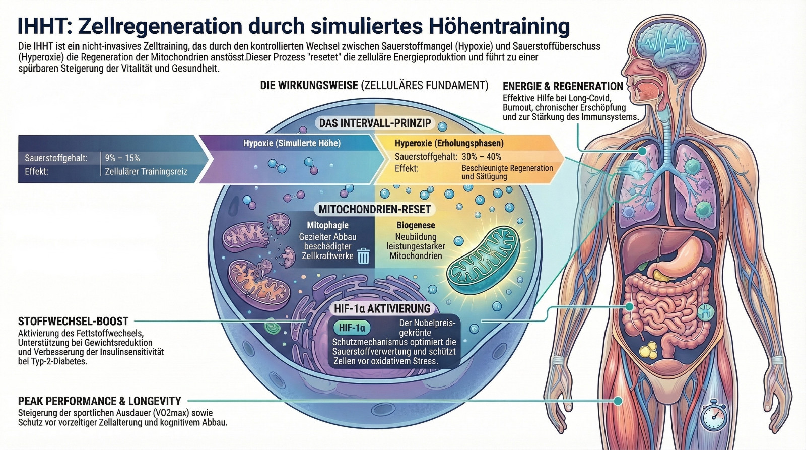 IHHT Infografik: Zellregeneration durch simuliertes Höhentraining mit Darstellung des Intervall-Prinzips, Mitochondrien-Reset, HIF-1α Aktivierung und den wichtigsten Wirkungsbereichen